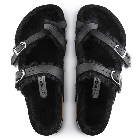 Birkenstock Shoes - Mayari Shearling Oiled Leather Black Sandals Size 38